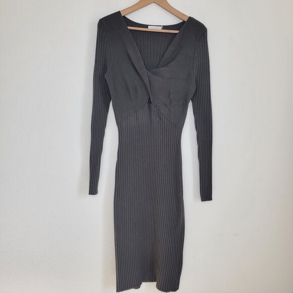 RAMY BROOK Pilar Cut Out Stretch Knit Ribbed Sweater Midi Dress Large In Olive - Picture 11 of 14